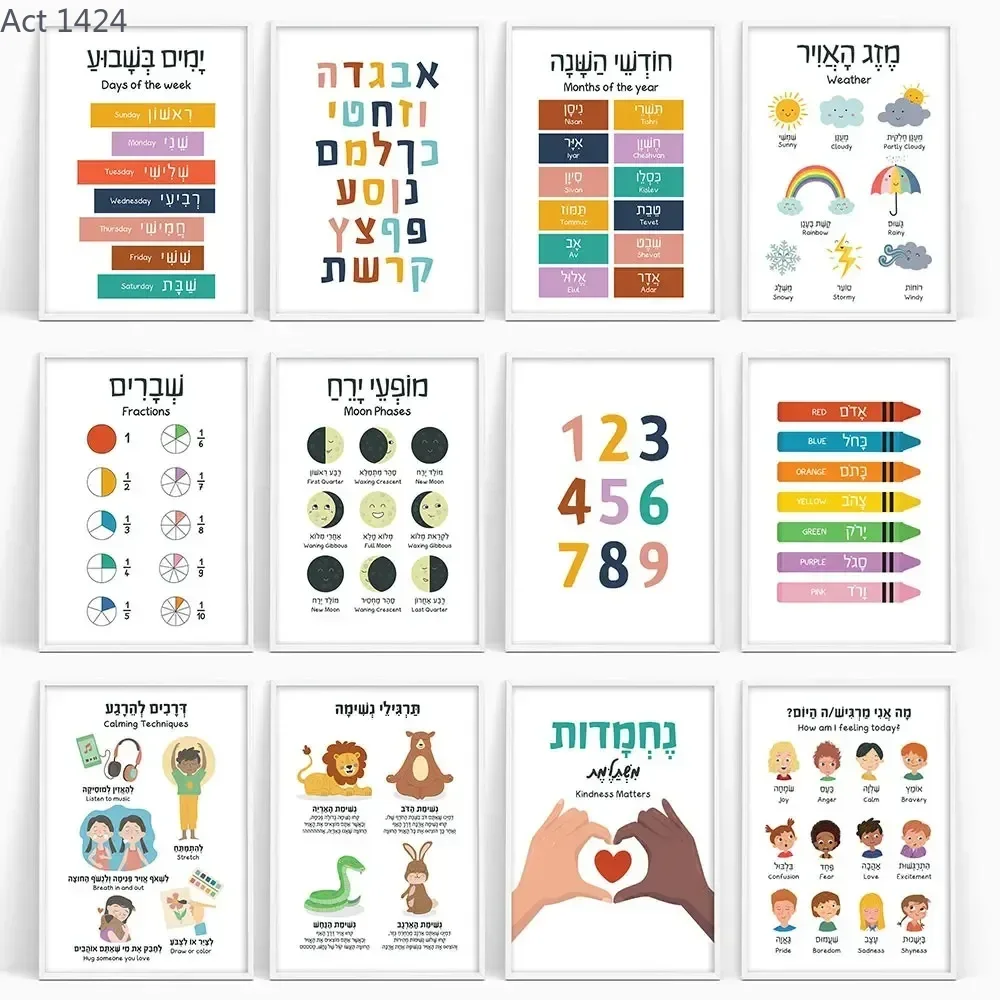 Kids Educational - Alphabet Numbers & More - 캔버스 페인팅 히브리어 영어 교육용 포스터